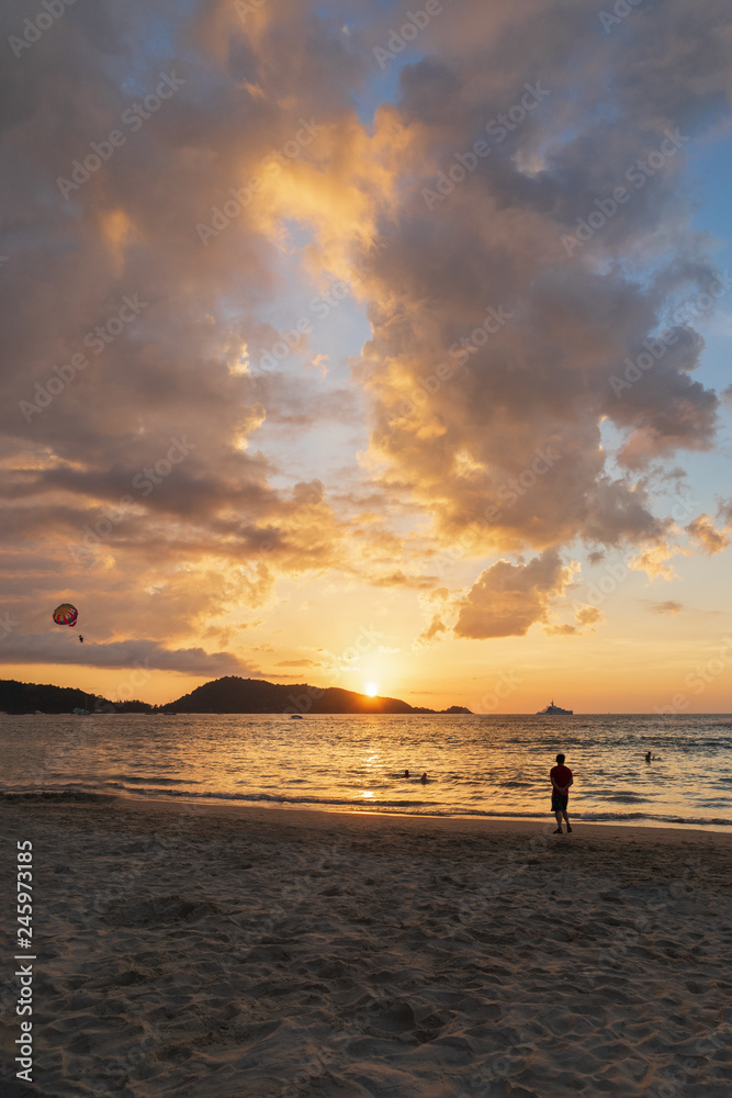 Sunset on Patong Beach, Phuket Province of Thailand