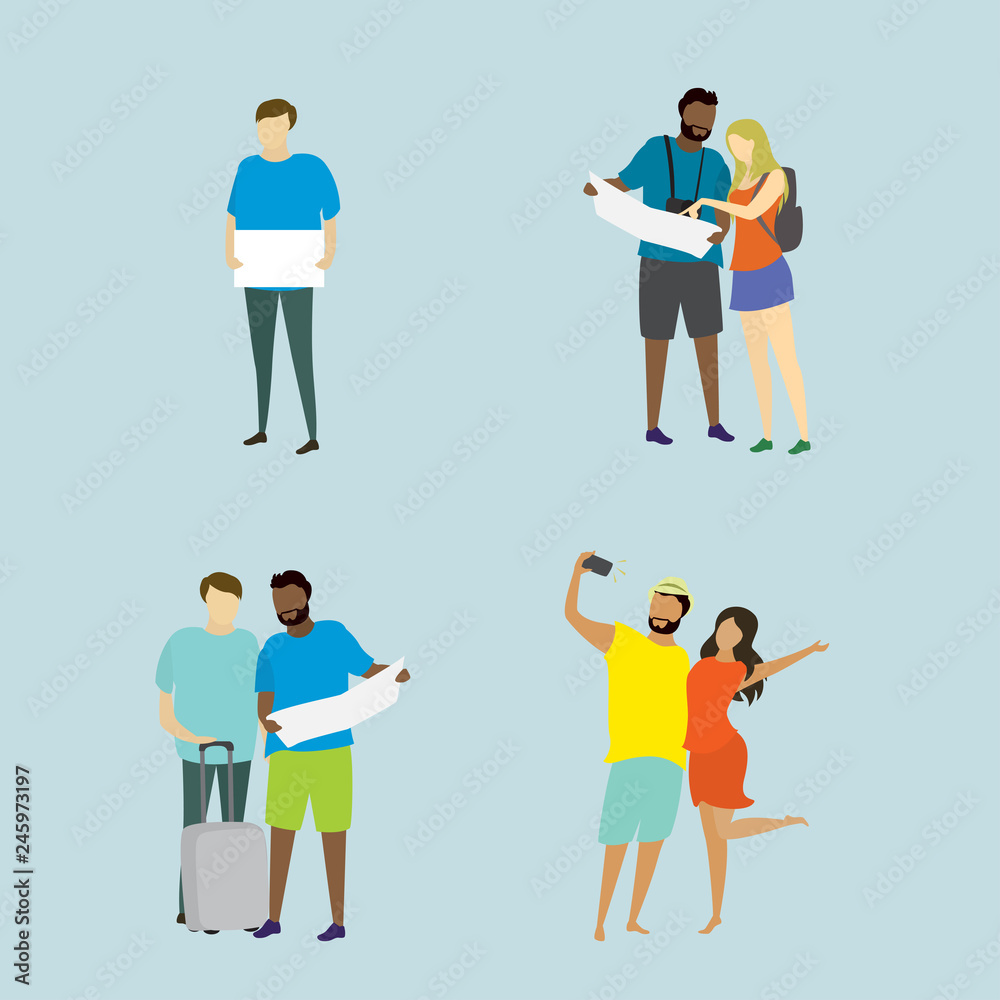 Different people travelers with suitcases and characters with gadgets