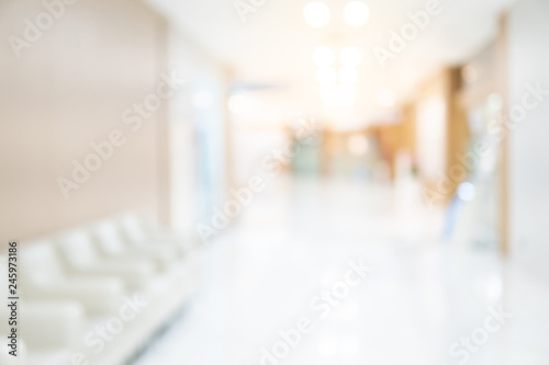 Abstract blur luxury hospital corridor. Blur clinic interior background with defocused effect. Healthcare and medical concept photo
