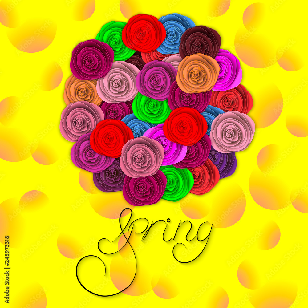 Bouquet of multi-colored roses close-up, top view. Hand written inscription Spring. Spring, summer background, banner, greeting card, invitation. 3D vector illustration. Paper cut out style. Bouquet of multi-colored roses close-up, top view. Hand written inscription Spring. Spring, summer background, banner, greeting card, invitation. 3D vector illustration. Paper cut out style.