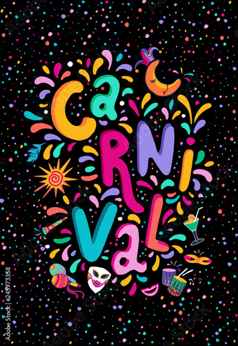 Vector Hand drawn Carnaval Lettering. Carnival Title With Colorful Party Elements, confetti and brasil samba dansing