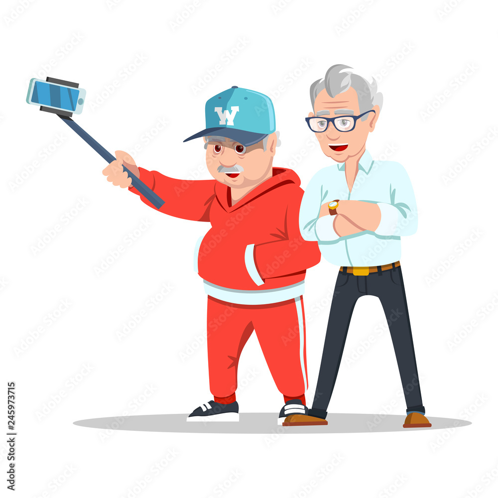 Meeting old friends. Group of cheerful senior people hipsters gathering and having fun. Senior people taking selfie photo with stick. Fashion grandfathers. Pensioners at retirement on white background Meeting old friends. Group of cheerful senior people hipsters gathering and having fun. Senior people taking selfie photo with stick. Fashion grandfathers. Pensioners at retirement on white background