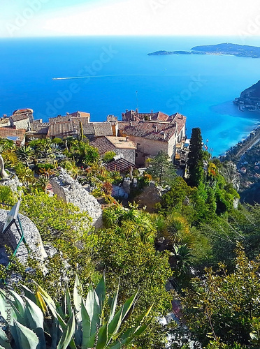 Beautiful view of the village of Eze, a botanical garden with cacti, aloe. Mediterranean, French Riviera, Cote d'Azur, France