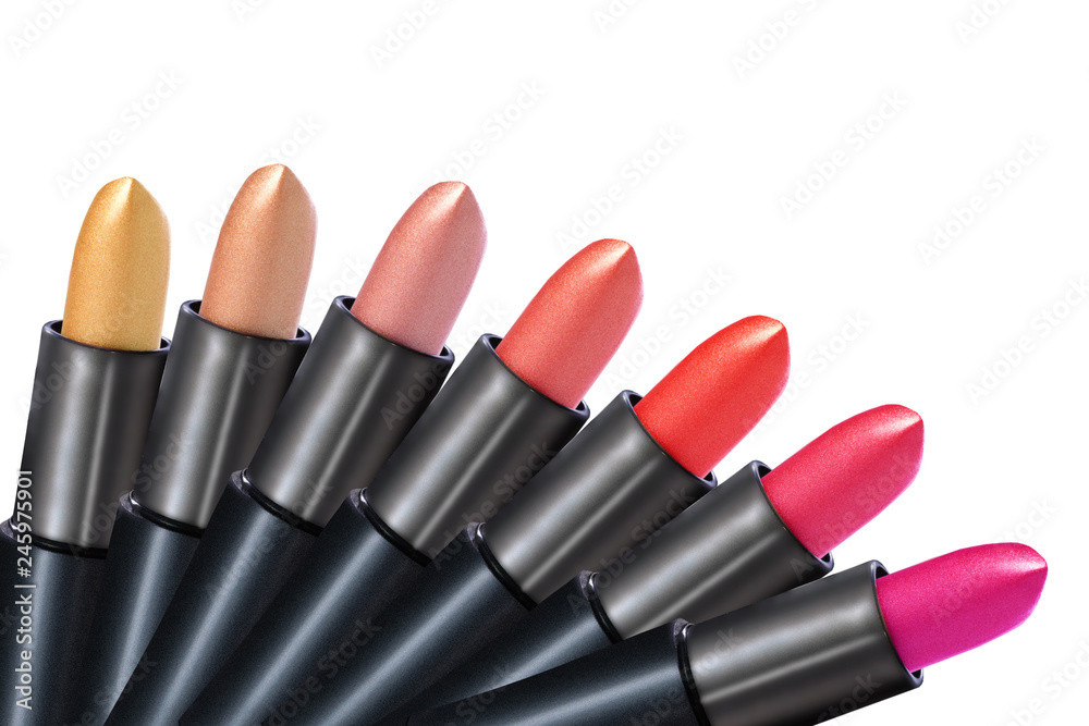 Obraz premium Set of colorful lipstick on white background. Make-up concept. Fashion Colorful Lipsticks