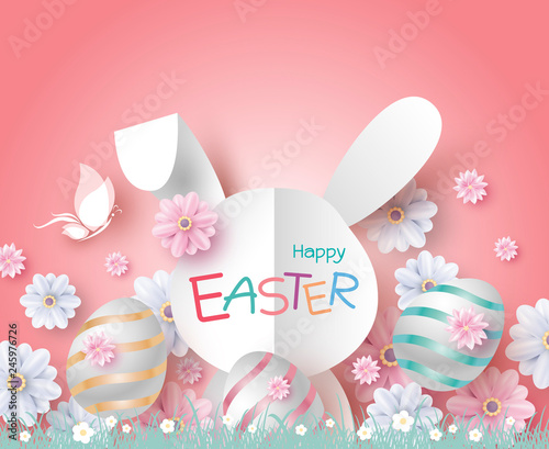 Easter design of paper rabbit and flowers on coral color background vector illustration