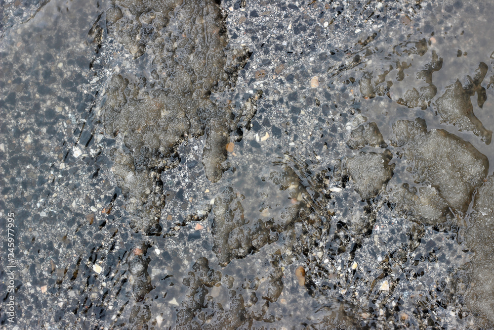 Melting snow asphalt slush water flow puddle dirty street sidewalk Melting snow asphalt slush water flow puddle dirty street sidewalk