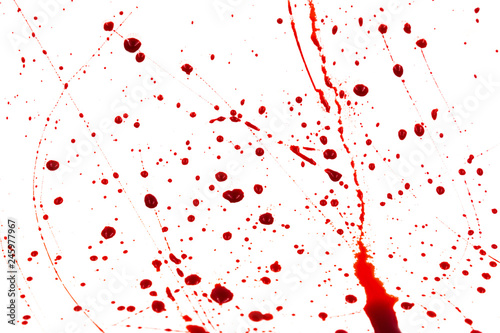 Bloody splashes and drops on a white background. Dripping and following red blood (paint)