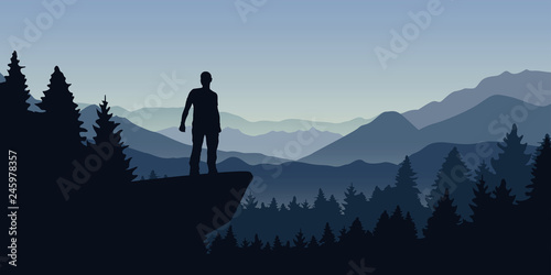 man stands on a cliff in the forest with mountain view nature landscape vector illustration EPS10