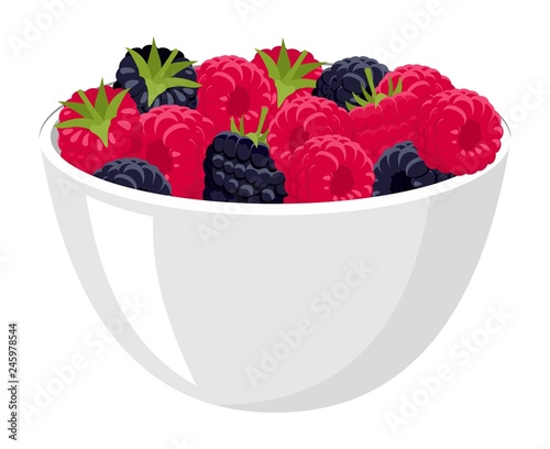 Raspberries and blackberries. Big Pile of Fresh Raspberries and blackberries in the White Bowl. Vector illustration Isolated on the White Background
