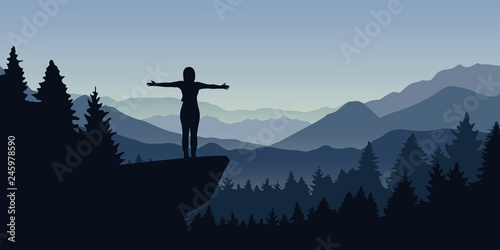 happy woman stands on a cliff in the forest with mountain view nature landscape vector illustration EPS10