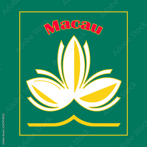 Lotus flower and red Macau inscription. Idea for the fridge souvenir magnet, stamp or sticker label