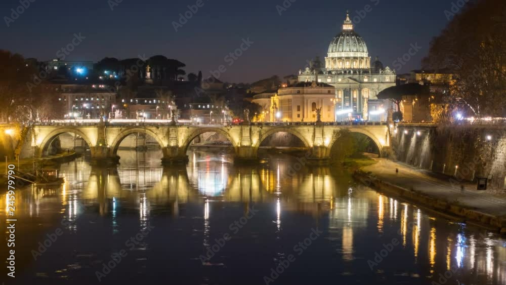 rome skyline st.peter basilica vatican city as seen from tiber river time lapse illuminated by night lights at dusk hour in Italy. rome skyline st.peter basilica vatican city as seen from tiber river time lapse illuminated by night lights at dusk hour in Italy.