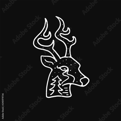 Head of reindeer. Hand drawn silhouette Deer. Black background. © Yeroma