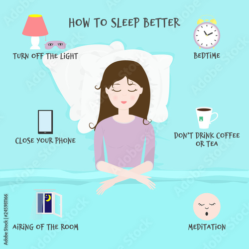 Vector illustration with sleeping girl in bed on pillows and inscription "How to sleep better". Rules and useful tips for a good night and healthy sleep. For infographic of problem with insomnia.