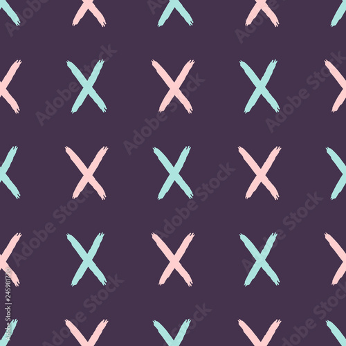 Repeating crosses drawn by hand with a rough brush. Simple girly seamless pattern. Sketch  paint  grunge. Purple  blue  pink.