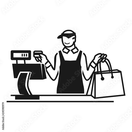 Seller at the cash register icon. Simple illustration of seller at the cash register vector icon for web design isolated on white background
