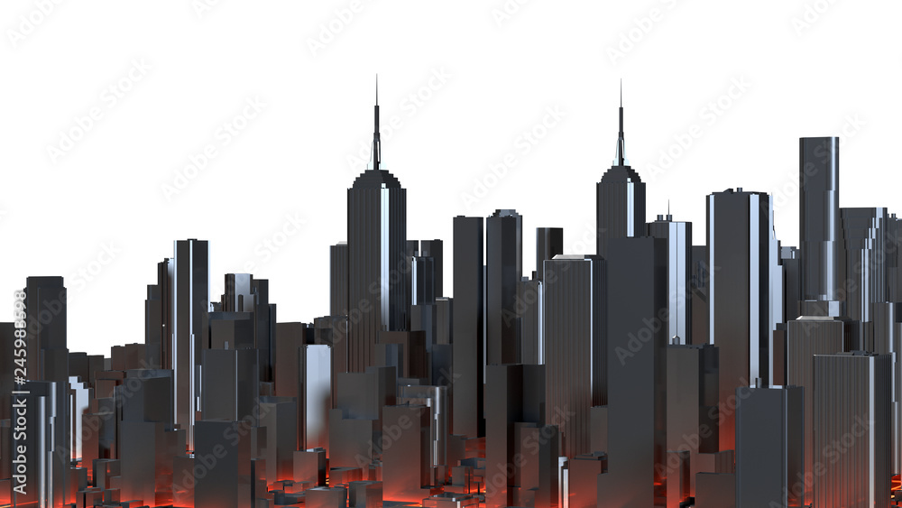 City skyline 3d rendering. Techno mega city skyscrapers.