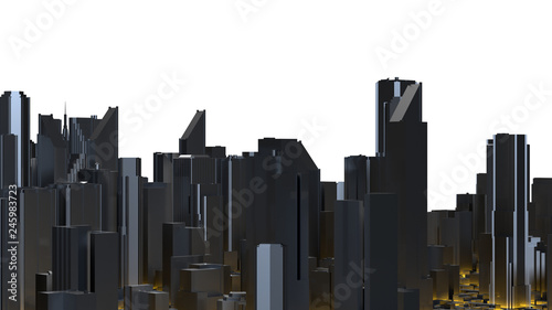 Downtown city skyscrapers. City with glow lines road and digital elements. 3D Rendering.