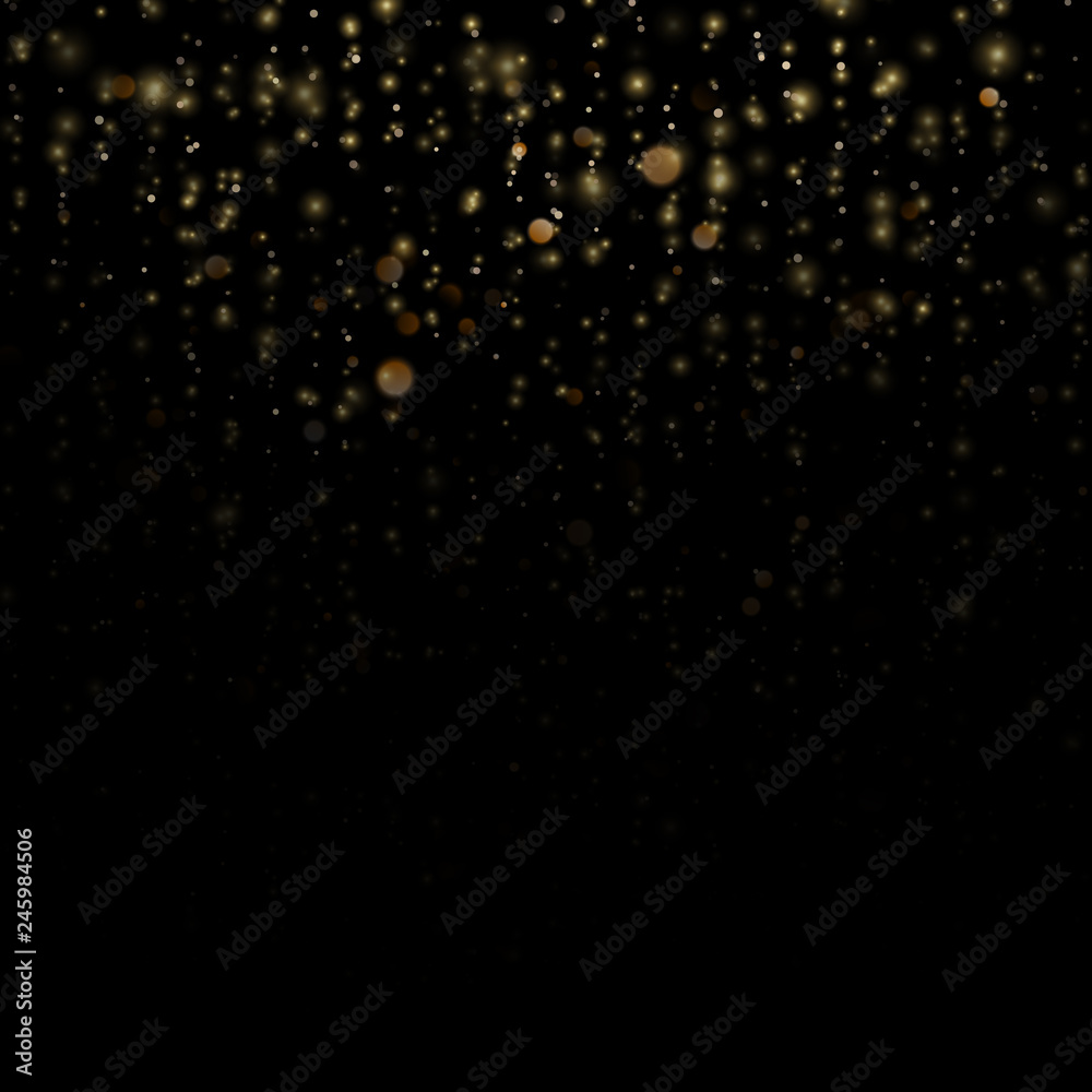 Sparkling of shimmering light blurs. Fashion strass drops with shiny sequins. Christmas and New Year effect. Gold particles lines rain. Glitter threads of curtain backdrop on black. EPS 10