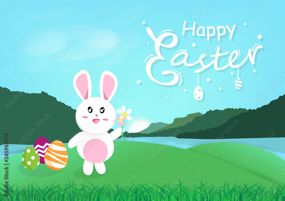Happy Easter, cute rabbit with egg, spring season calligraphy, funny cartoon fantasy nature landscape invitation poster greeting card abstract background vector illustration Happy Easter, cute rabbit with egg, spring season calligraphy, funny cartoon fantasy nature landscape invitation poster greeting card abstract background vector illustration