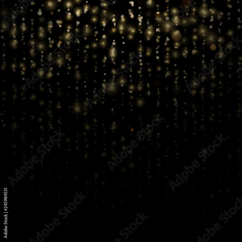 Glitter threads of curtain backdrop on black. Christmas and New Year effect. Gold particles lines rain. Fashion strass drops with shiny sequins. Sparkling of shimmering light blurs. EPS 10