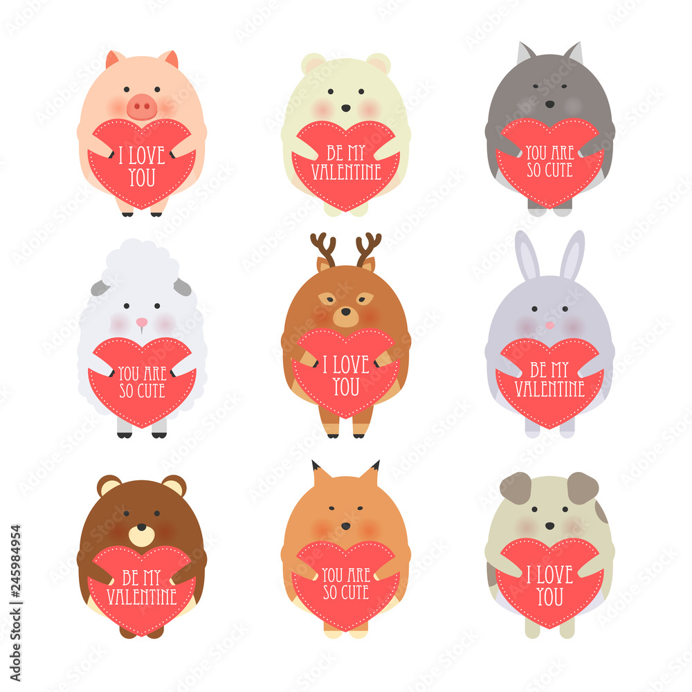 Vector cartoon style illustration of Valentine's day romantic gift card  with cute animals holding heart in