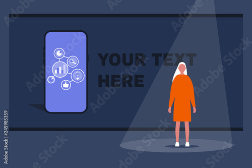 Young female speaker presenting a new product on the stage. Presentation template. Your text here. Flat editable vector illustration, clip art
