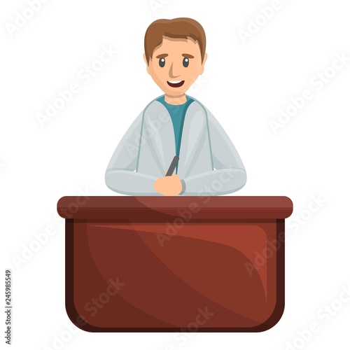 Pediatrician on desktop icon. Cartoon of pediatrician on desktop vector icon for web design isolated on white background