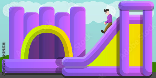 Inflated jumping castle and slide concept banner. Cartoon illustration of inflated jumping castle and slide vector concept banner for web design
