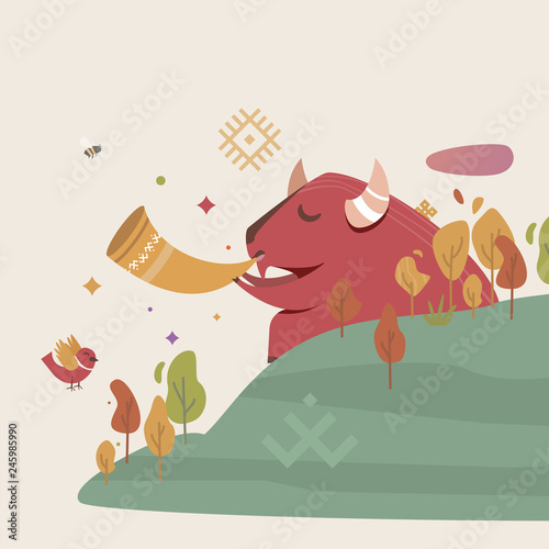 Vector illustration to a fairy tale about a bison that live in the magical forest