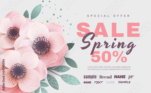 Spring sale with beautiful flowers. Vector illustration template.