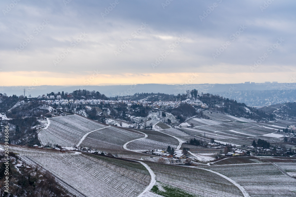 Germany, Stuttgart rotenberg houses and chapel grabkapelle snow covered in winter