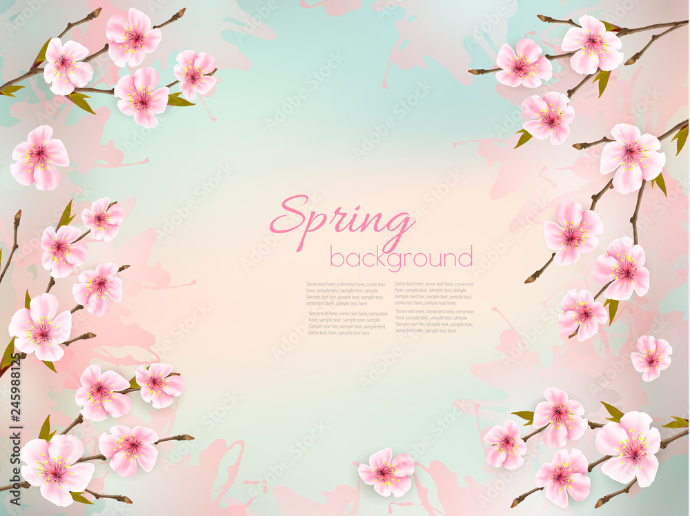 Fototapeta premium Spring nature background with a pink sakura blossom. Vector