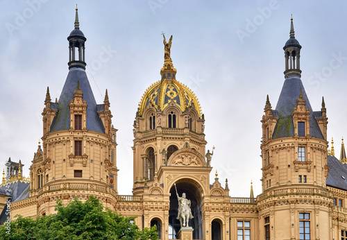 Detail of Schwerin Castle with three spires. Mecklenburg-Western Pomerania, Germany