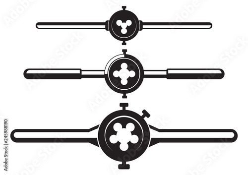 Round thread cutting dies. Metallic threading tools. Die with holder - hand tool for threading on metal workpiece