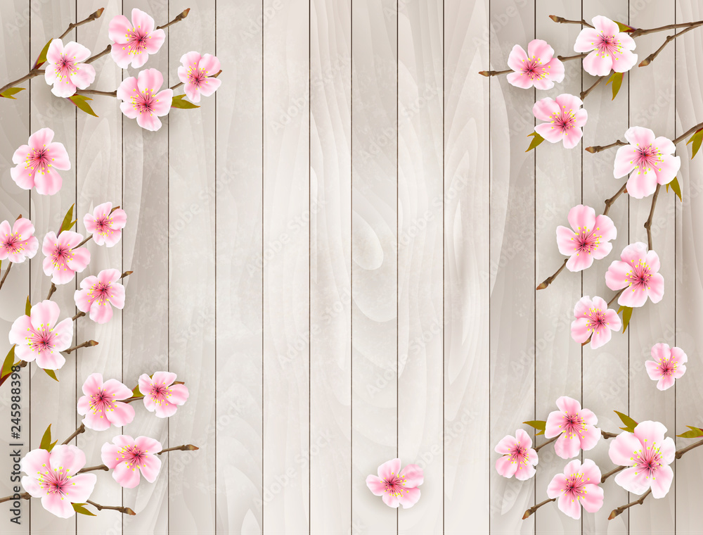 Fototapeta premium Cherry branch with a pink flowers on wooden background. Vector