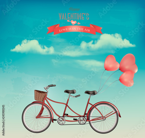 Retro Valentine's Day holiday background with tandem bicycle with heart shape balloons. Concept of love. Vector