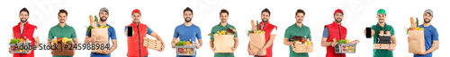 Collage of couriers with orders on white background. Food delivery