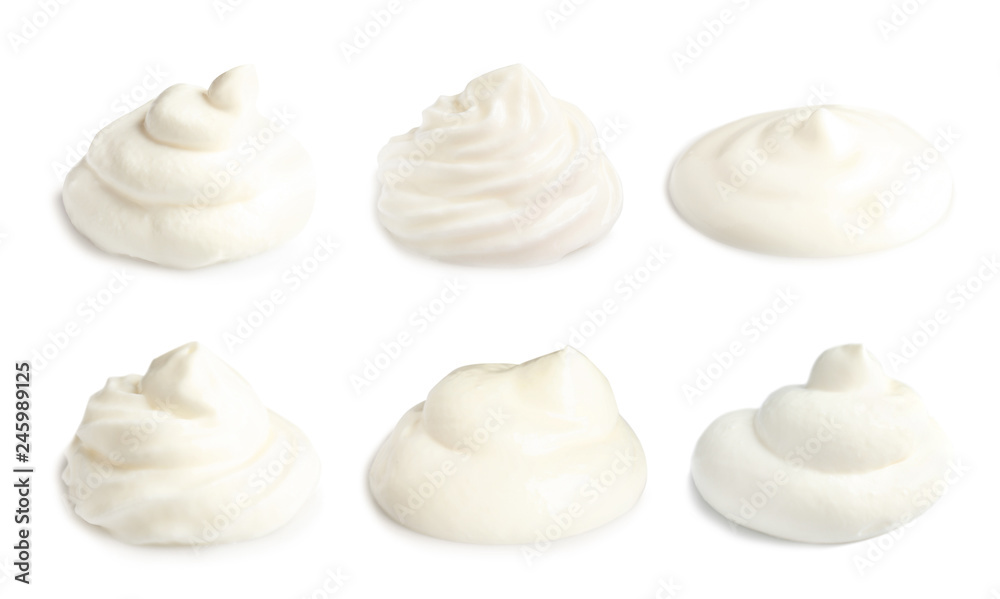 Set of delicious sour cream on white background Set of delicious sour cream on white background