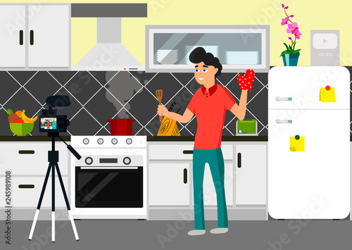 Video blogger infront of came in kitchen. Vector flat style illustration of happy chief blogger man that records video blog. Vlog concept. Cooker streaming video in his channel.