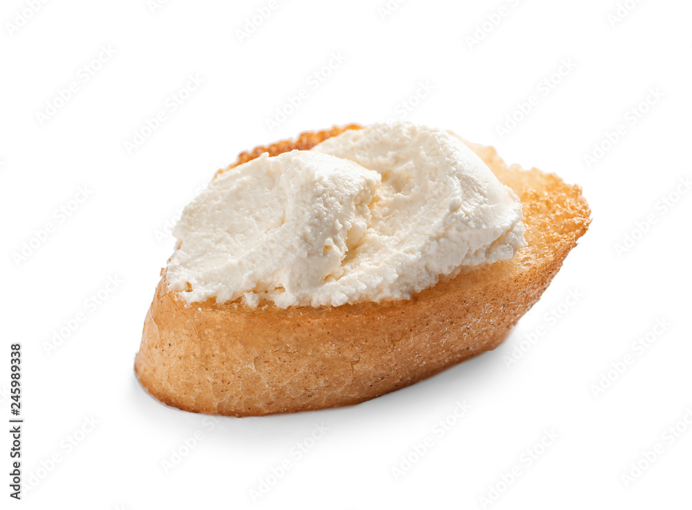 Piece of baguette with tasty cream cheese on white background