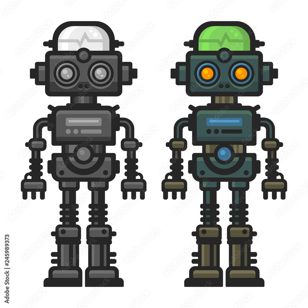 Old Flat Style Robot Set on White Background. Vector