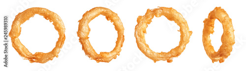 Set of delicious fried crispy onion rings on white background