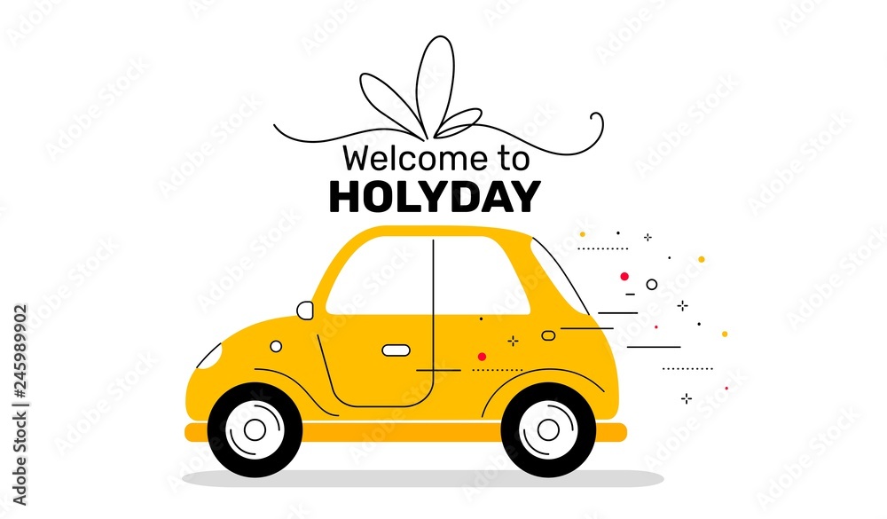 Vector creative holiday illustration of vintage yellow color car - obrazy, fototapety, plakaty 