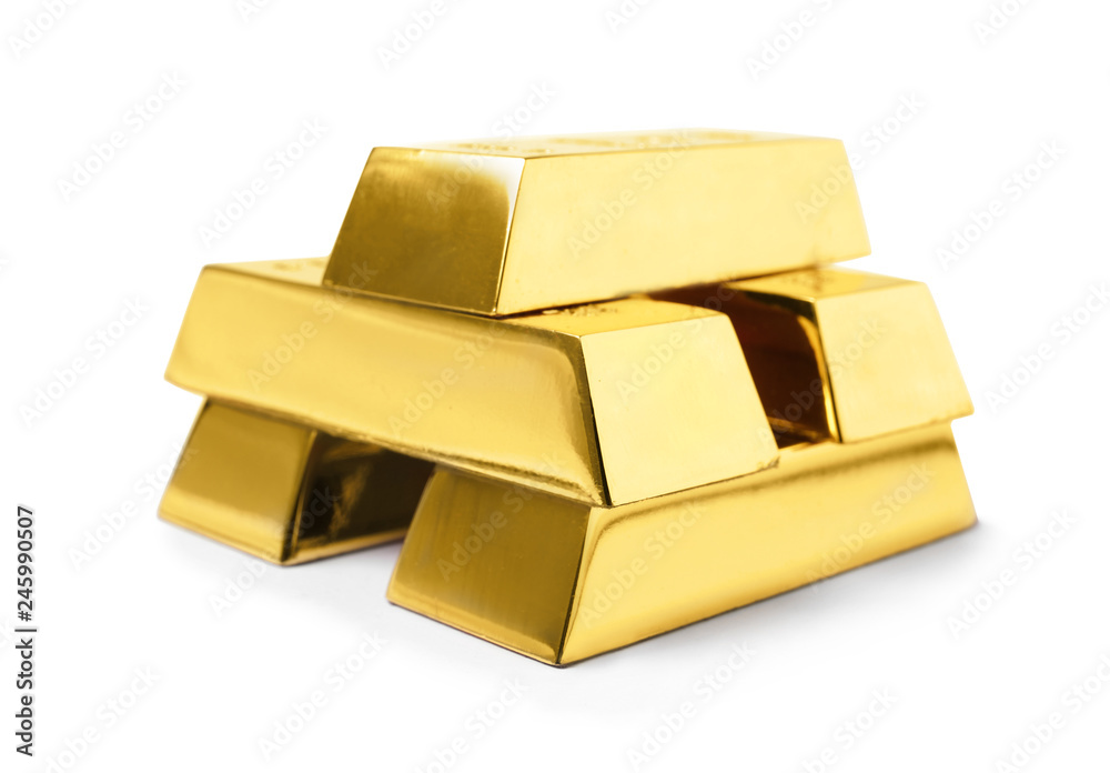 Stack of shining gold bars isolated on white