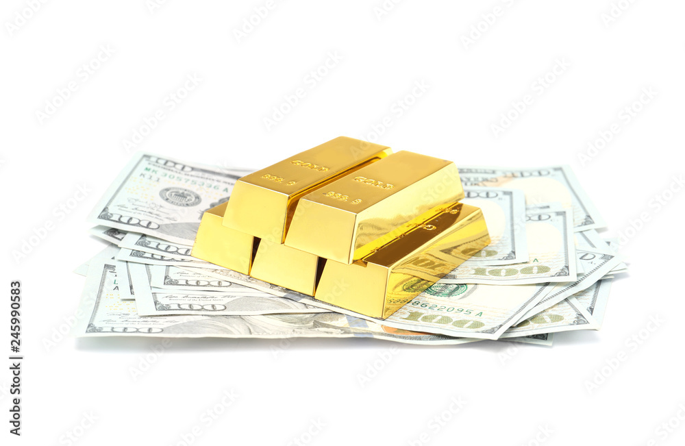 Shiny gold bars and money on white background Shiny gold bars and money on white background