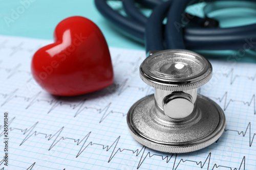 фотографія Stethoscope with red heart and cardiogram, closeup
