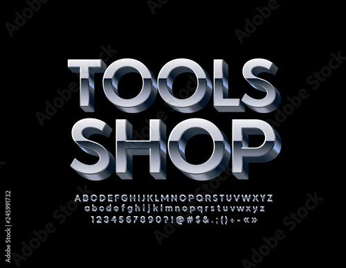 Vector industrial logo Tools Shop with 3D metallic Font. Silver Alphabet Letters, Numbers and Symbols.