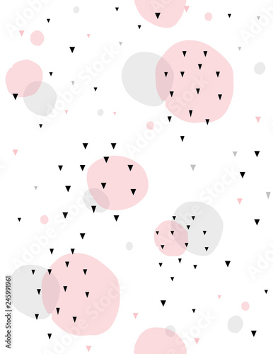 Cute Abstract Vector Pattern. Irregular Big Pink and Gray Polka Dots and Black Little Triangles. Lovely Bright and Geometric Layout. White Background. Modern Simple Design.
