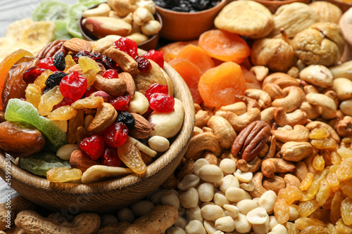 Composition of different dried fruits and nuts, closeup